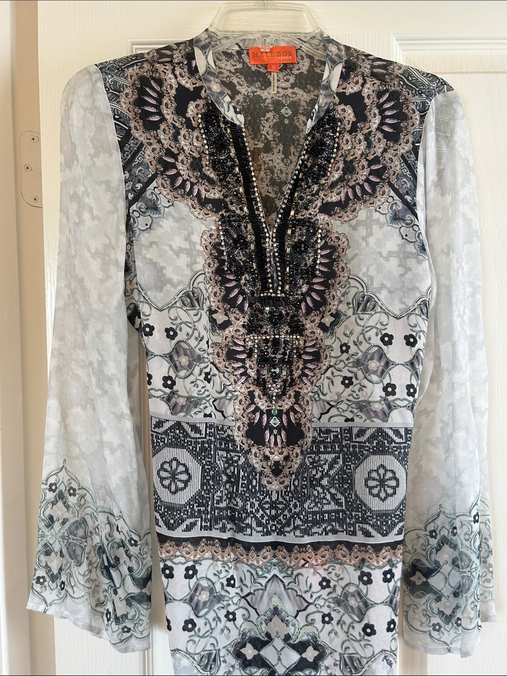 Bob Mackie Black, White & Gray Beaded V-Neck Tunic Top